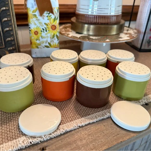 vintage Tupperware stacking spice shakers in harvest colors 1970s kitchen retro - Picture 3 of 6